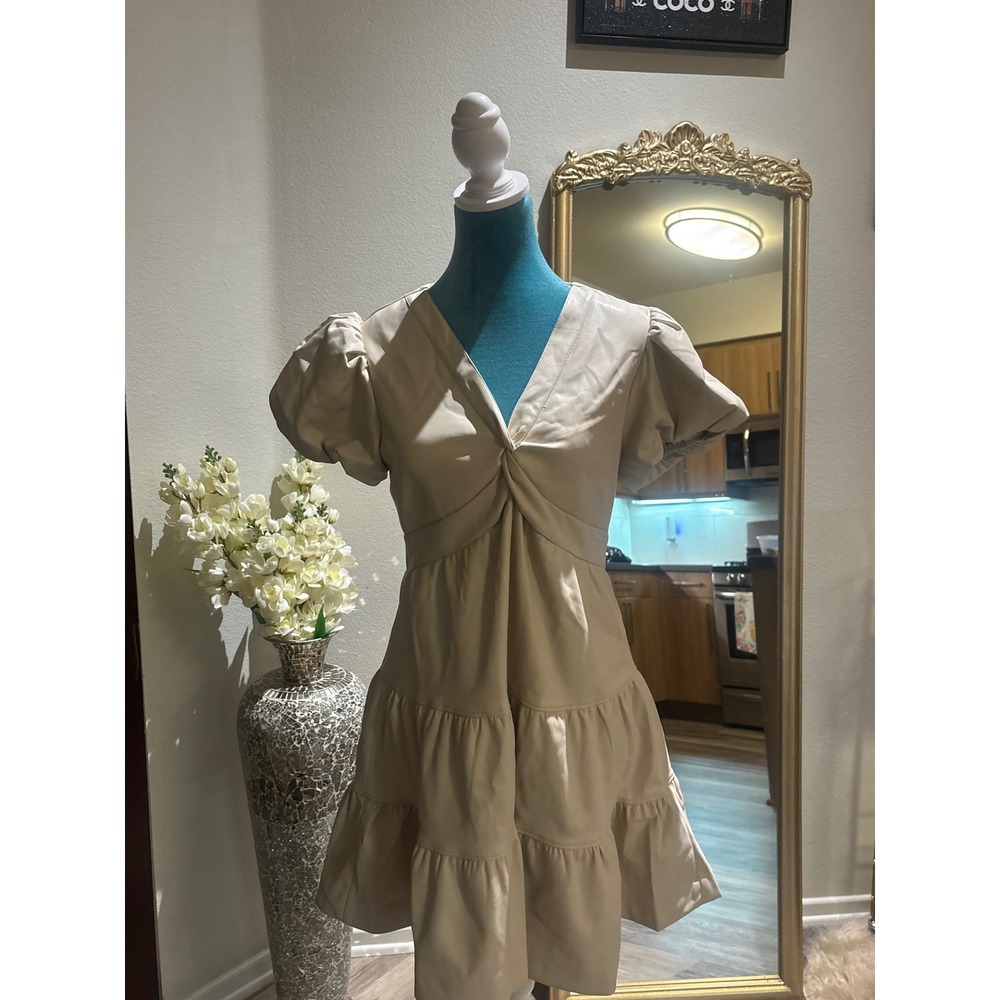 Everyday Skies Are Blue Faux Leather Tiered Mini Dress Puff Sleeve Beige Tan NEW - Picture 3 of 8